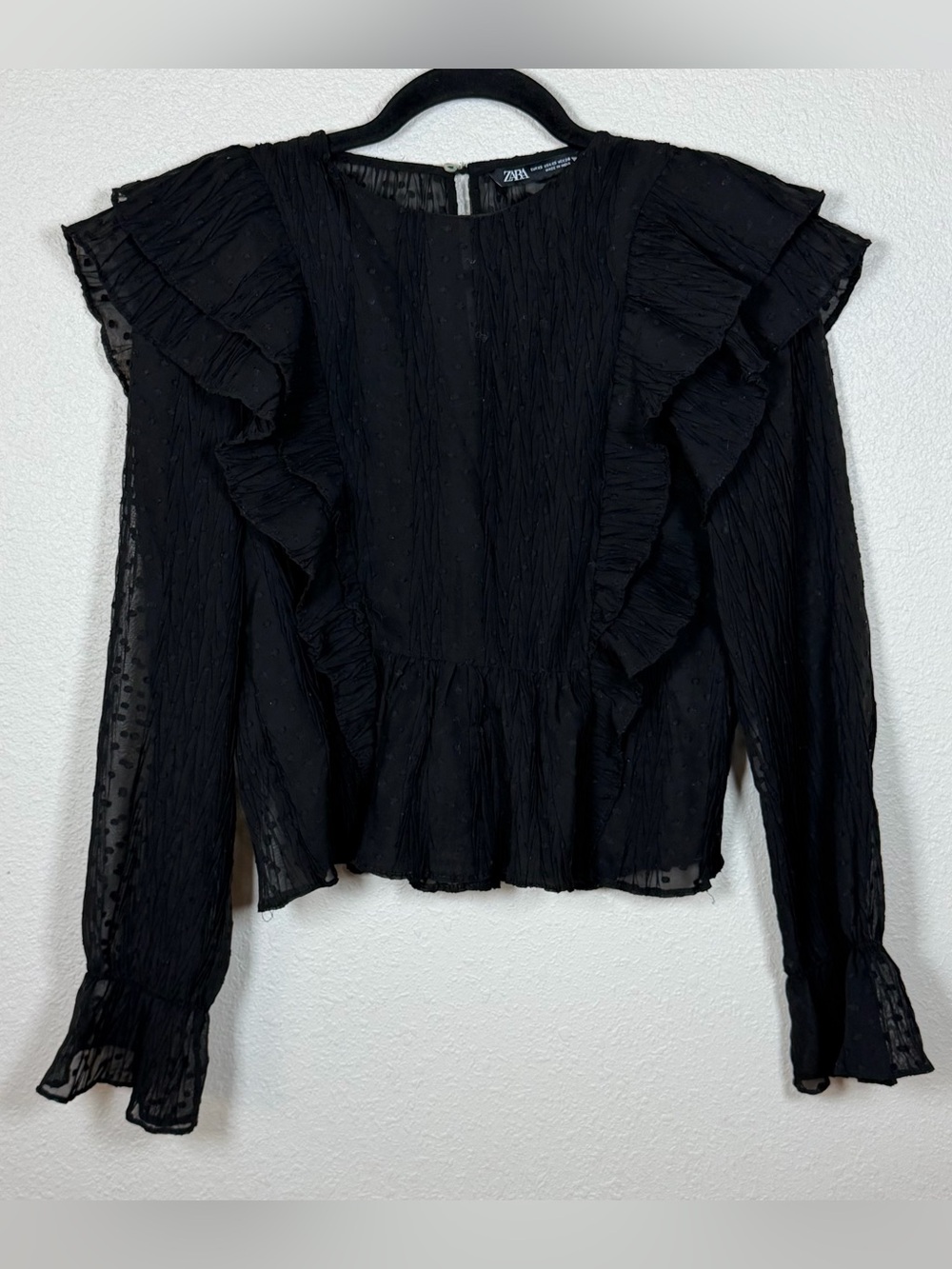 Zara Plisse’ Black Sheer Chiffon Ruffle Long Sleeve Blouse XS Whimsigoth
